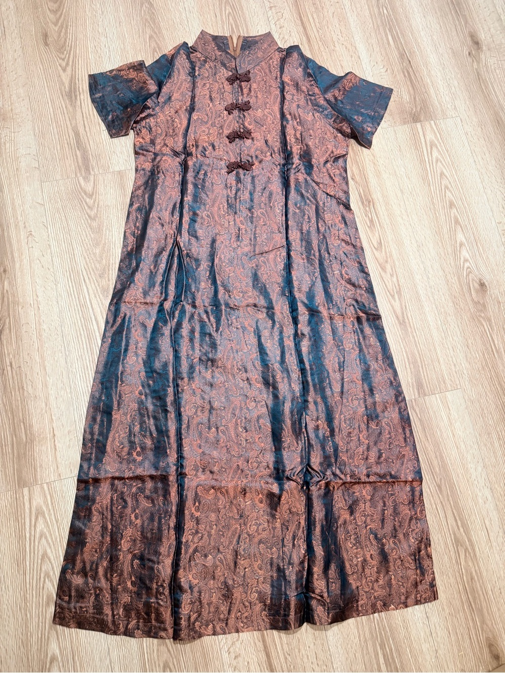 Vintage Cheongsam Qipao Maxi Dress Copper Blue Iridescent Paisley Brocade M